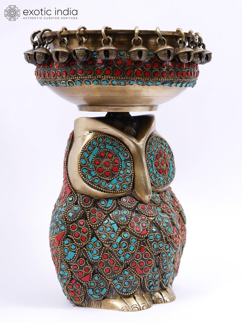 9" Designer Urli on Owl Head in Brass with Inlay Work | Table Decor