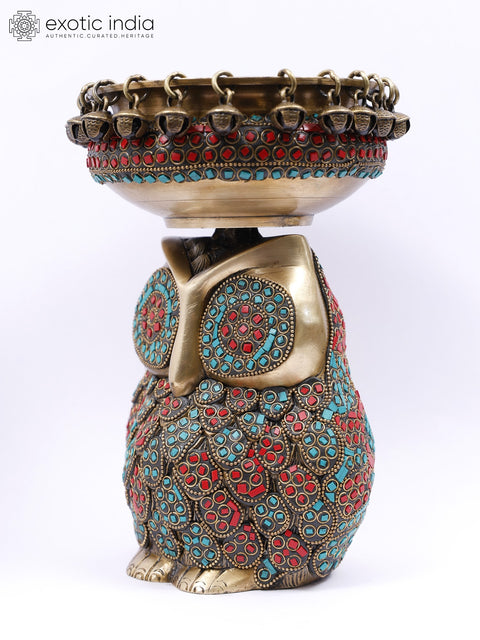 9" Designer Urli on Owl Head in Brass with Inlay Work | Table Decor