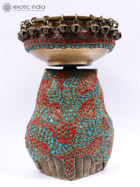 9" Designer Urli on Owl Head in Brass with Inlay Work | Table Decor