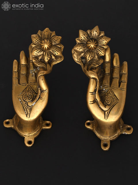 5" Pair of Goddess Tara's Hand Door Handles in Brass