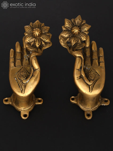 5" Pair of Goddess Tara's Hand Door Handles in Brass