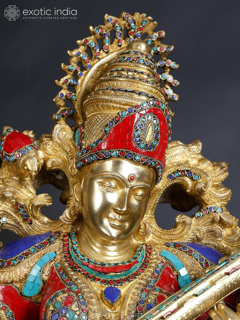 33" Large Superfine Devi Saraswati - Hindu Goddess of Knowledge, Art, Speech, Wisdom and Learning  | Brass Statue with Inlay Work