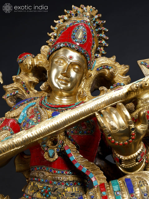33" Large Superfine Devi Saraswati - Hindu Goddess of Knowledge, Art, Speech, Wisdom and Learning  | Brass Statue with Inlay Work