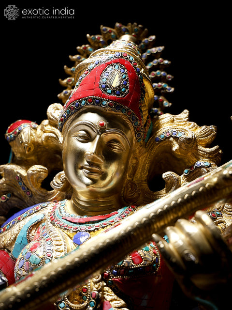 33" Large Superfine Devi Saraswati - Hindu Goddess of Knowledge, Art, Speech, Wisdom and Learning  | Brass Statue with Inlay Work