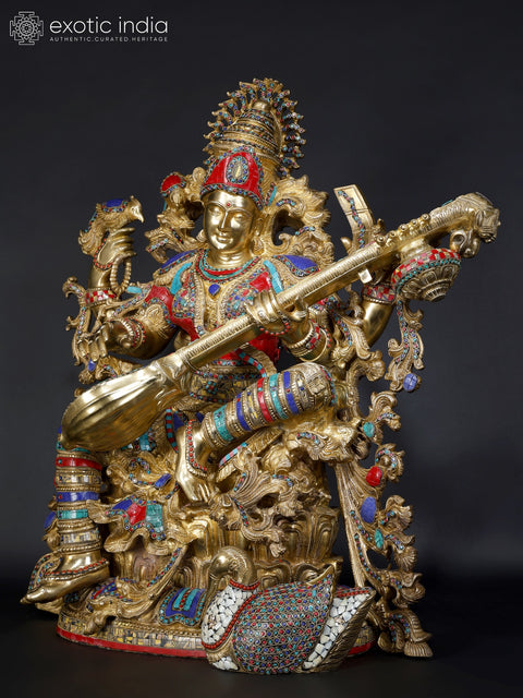 33" Large Superfine Devi Saraswati - Hindu Goddess of Knowledge, Art, Speech, Wisdom and Learning  | Brass Statue with Inlay Work