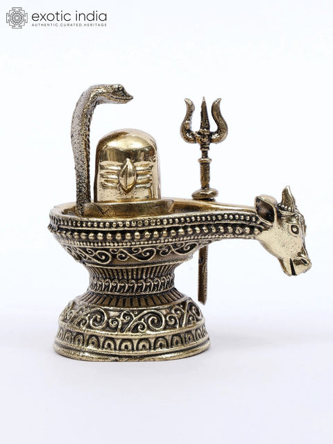 2" Small Brass Nandi Mukh Shivalinga with Protecting Naag and Trishul