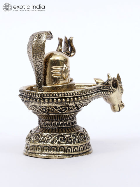 2" Small Brass Nandi Mukh Shivalinga with Protecting Naag and Trishul