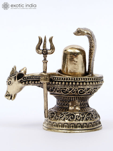 2" Small Brass Nandi Mukh Shivalinga with Protecting Naag and Trishul