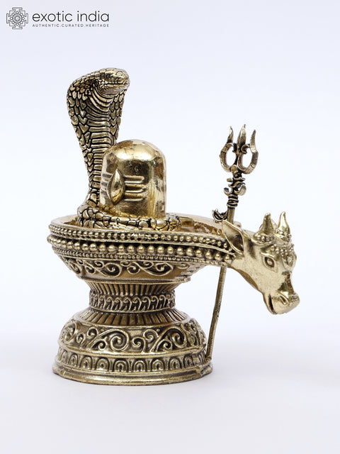 4" Small Brass Nandi Mukh Shivalinga with Protecting Naag and Trishul