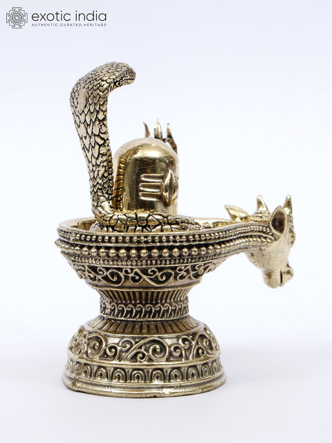 4" Small Brass Nandi Mukh Shivalinga with Protecting Naag and Trishul