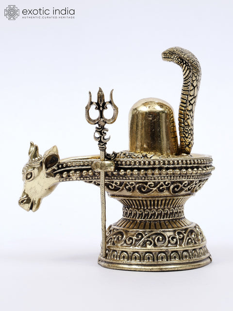 4" Small Brass Nandi Mukh Shivalinga with Protecting Naag and Trishul