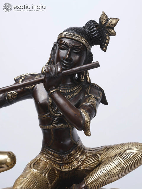 20" Fluting Krishna Seated on Cow | Gopala Krishna Brass Statue