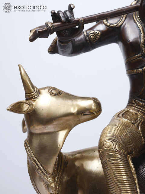 20" Fluting Krishna Seated on Cow | Gopala Krishna Brass Statue