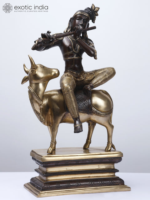 20" Fluting Krishna Seated on Cow | Gopala Krishna Brass Statue