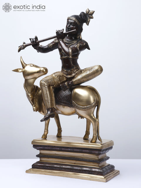 20" Fluting Krishna Seated on Cow | Gopala Krishna Brass Statue