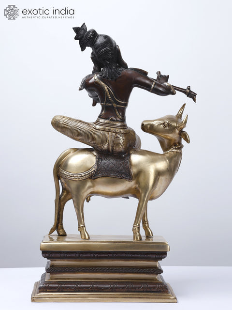 20" Fluting Krishna Seated on Cow | Gopala Krishna Brass Statue