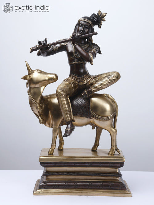 20" Gopala Krishna Seated on Cow Handmade Brass Statue