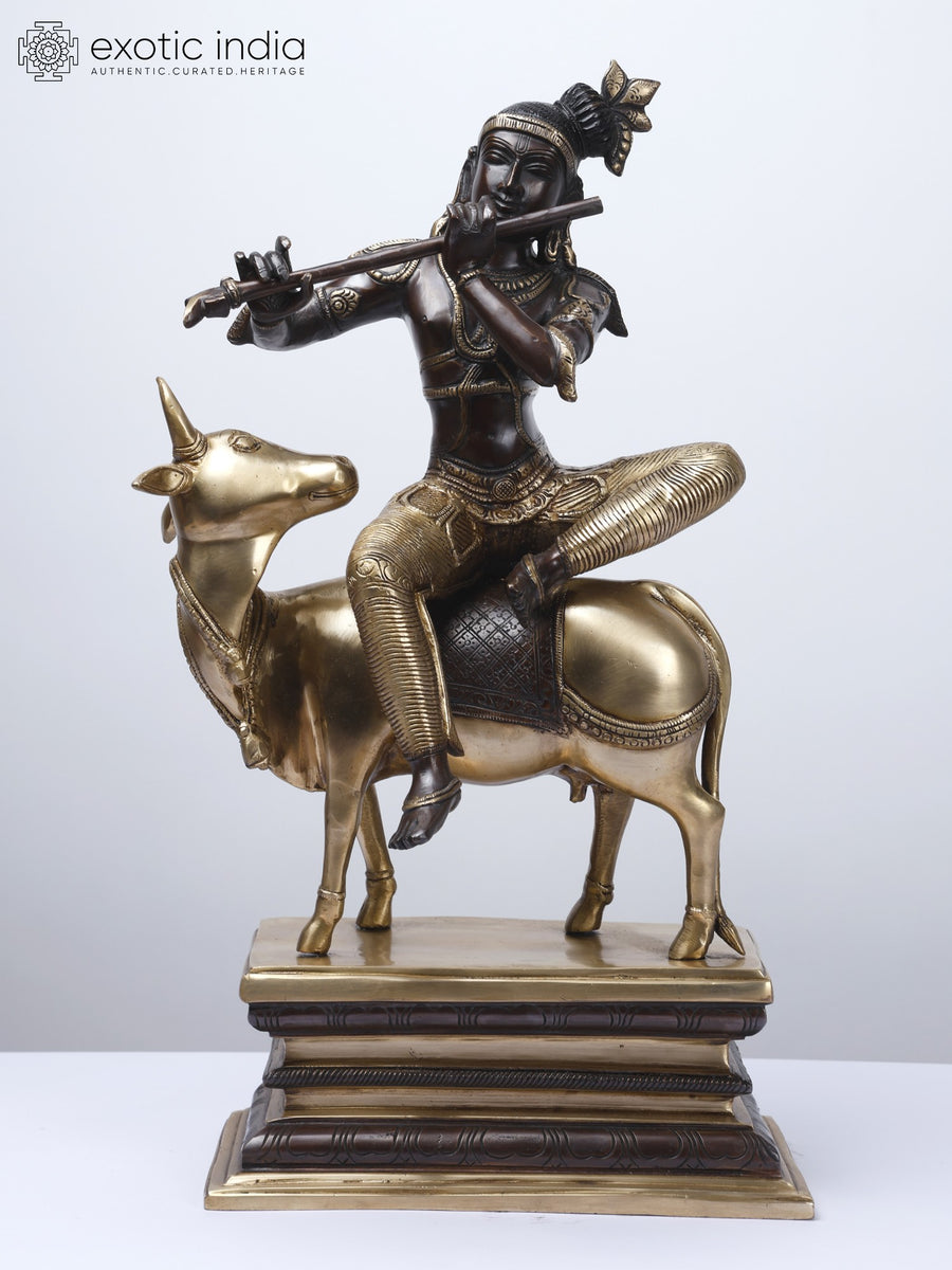20" Gopala Krishna Seated on Cow Handmade Brass Statue