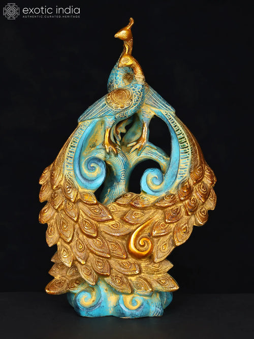 12" Brass Peacock Pair Statue with Decorative Tails