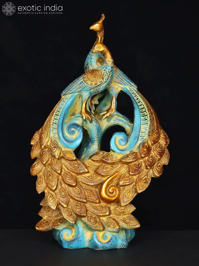 12" Brass Peacock Pair Statue with Decorative Tails