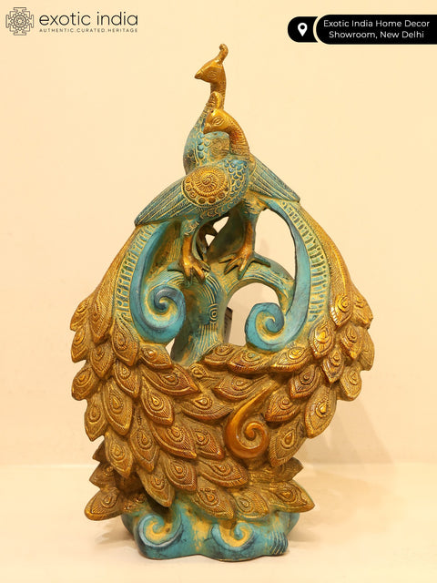 12" Pair of Peacocks with Beautiful Tail | Brass Statue