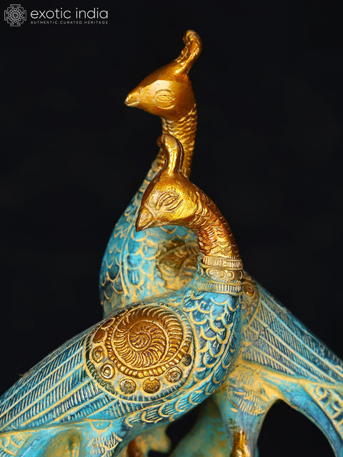 12" Pair of Peacocks with Beautiful Tail | Brass Statue
