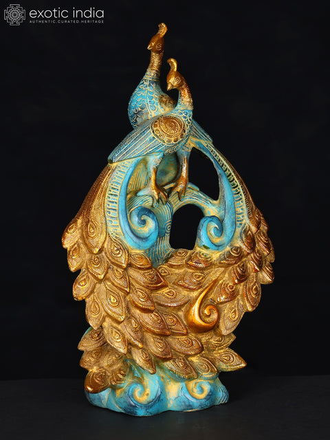 12" Pair of Peacocks with Beautiful Tail | Brass Statue