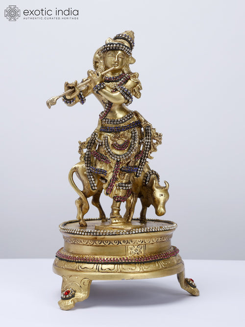 10" Cow Krishna Brass Statue with Stone Inlay