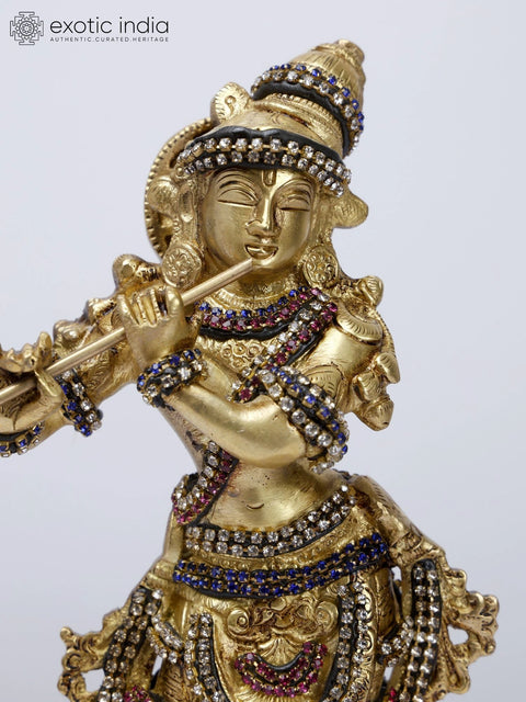 10" Cow Krishna | Brass Statue with Stone Work
