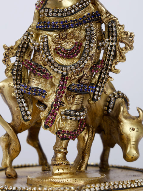 10" Cow Krishna | Brass Statue with Stone Work