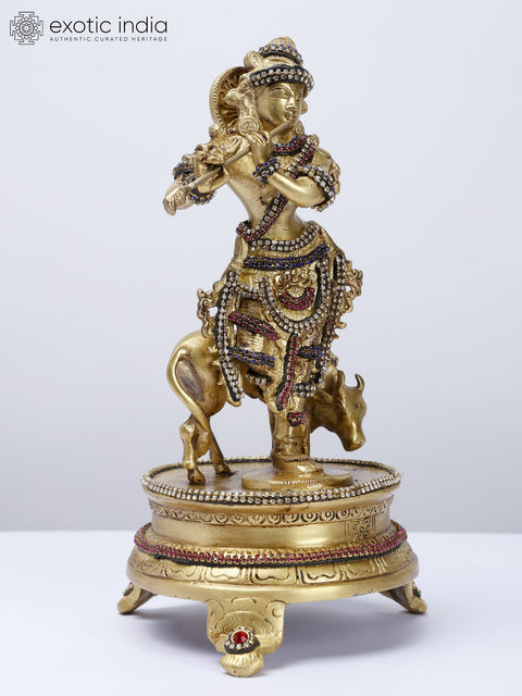 10" Cow Krishna | Brass Statue with Stone Work