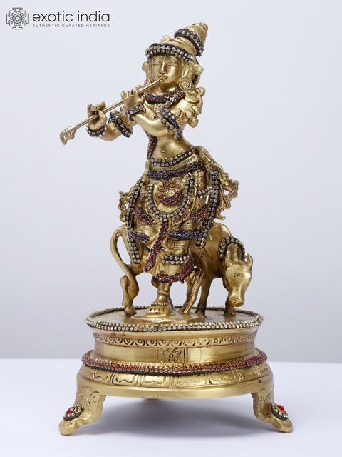 10" Cow Krishna | Brass Statue with Stone Work