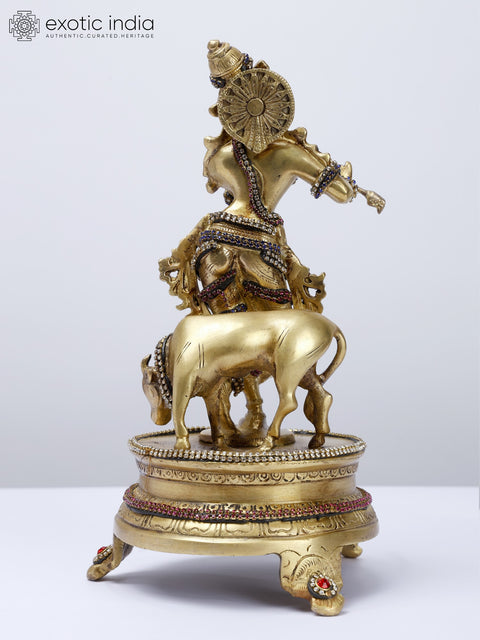 10" Cow Krishna | Brass Statue with Stone Work
