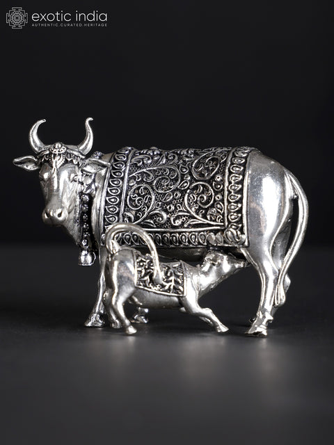 Small Superfine Cow and Calf | Silver Plated Brass Statue (Multiple Sizes)