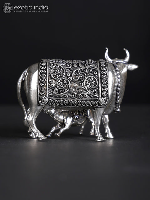 Small Superfine Cow and Calf | Silver Plated Brass Statue (Multiple Sizes)