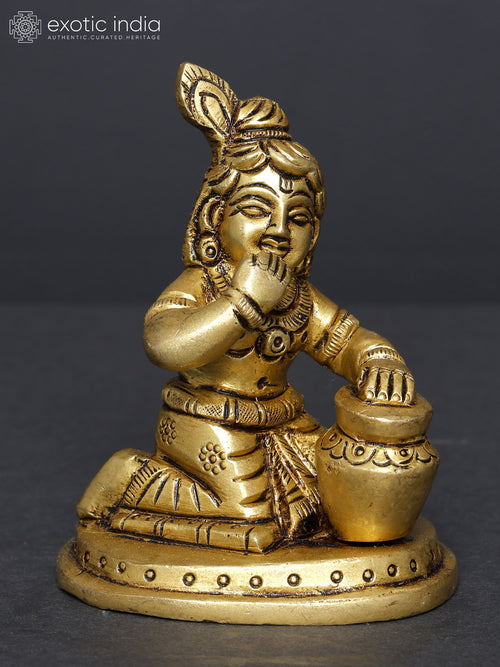 3" Small Butter Krishna Makhanchor Brass Idol for Pooja