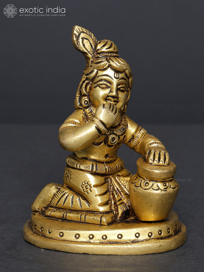 3" Small Butter Krishna Makhanchor Brass Idol for Pooja