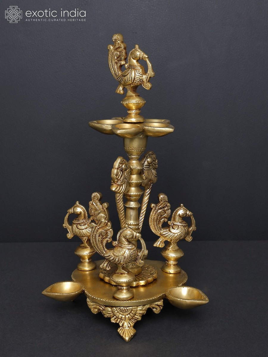 11" Brass Eight Wicks Peacock Lamp for Home Decor