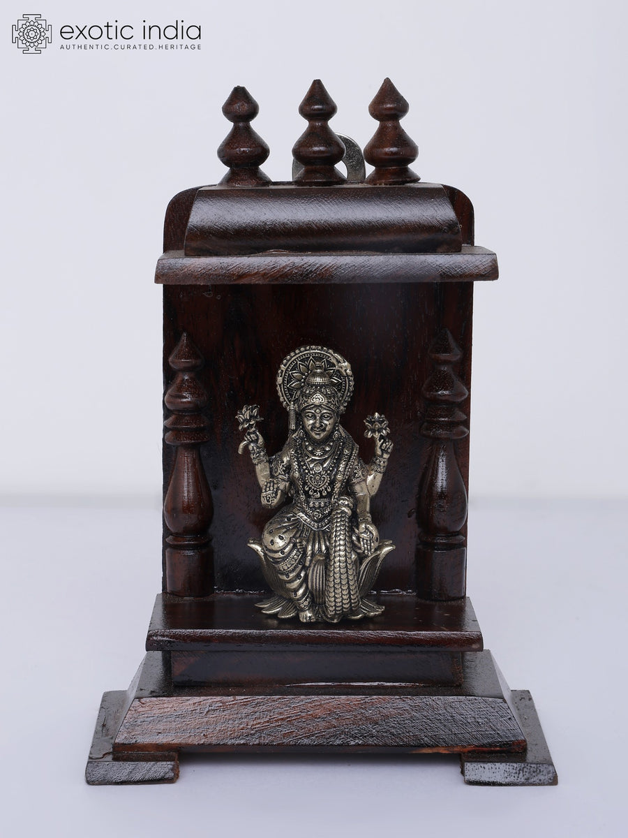 6" Superfine Brass Goddess Lakshmi Wall Hanging Statue with Wooden Temple