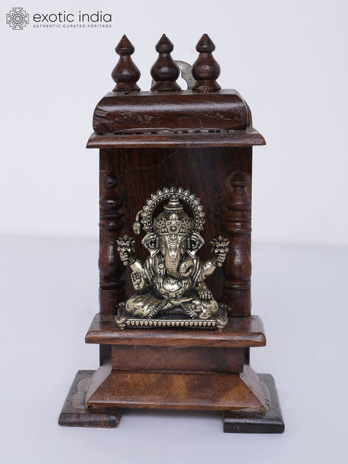 5" Brass Lord Ganesha Temple Statue with Wooden Wall Hanging