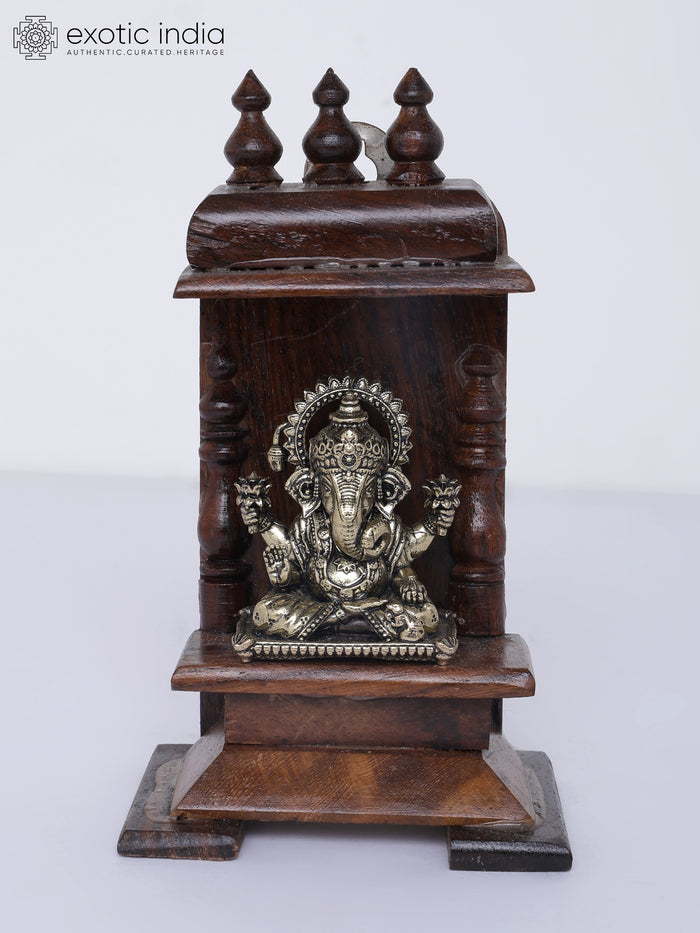 5" Brass Lord Ganesha Temple Statue with Wooden Wall Hanging