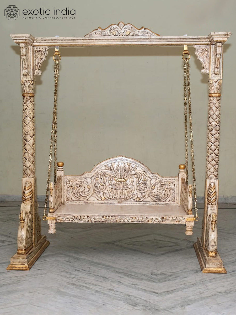 78" Large Wood Carved Handmade Swing with Brass Chains