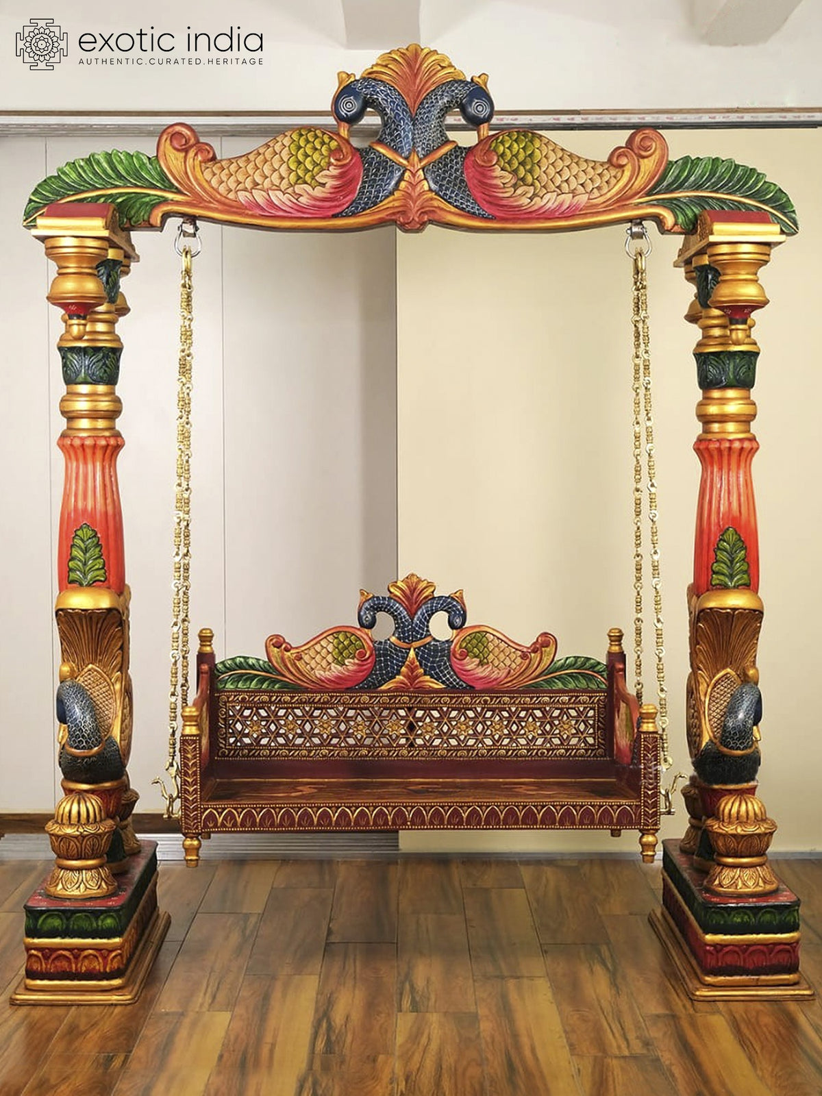 96" Large Colorful Peacocks Design Wooden Swing with Brass Chains