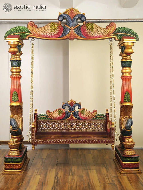 96" Wooden Peacock Swing with Brass Chains and Colorful Design