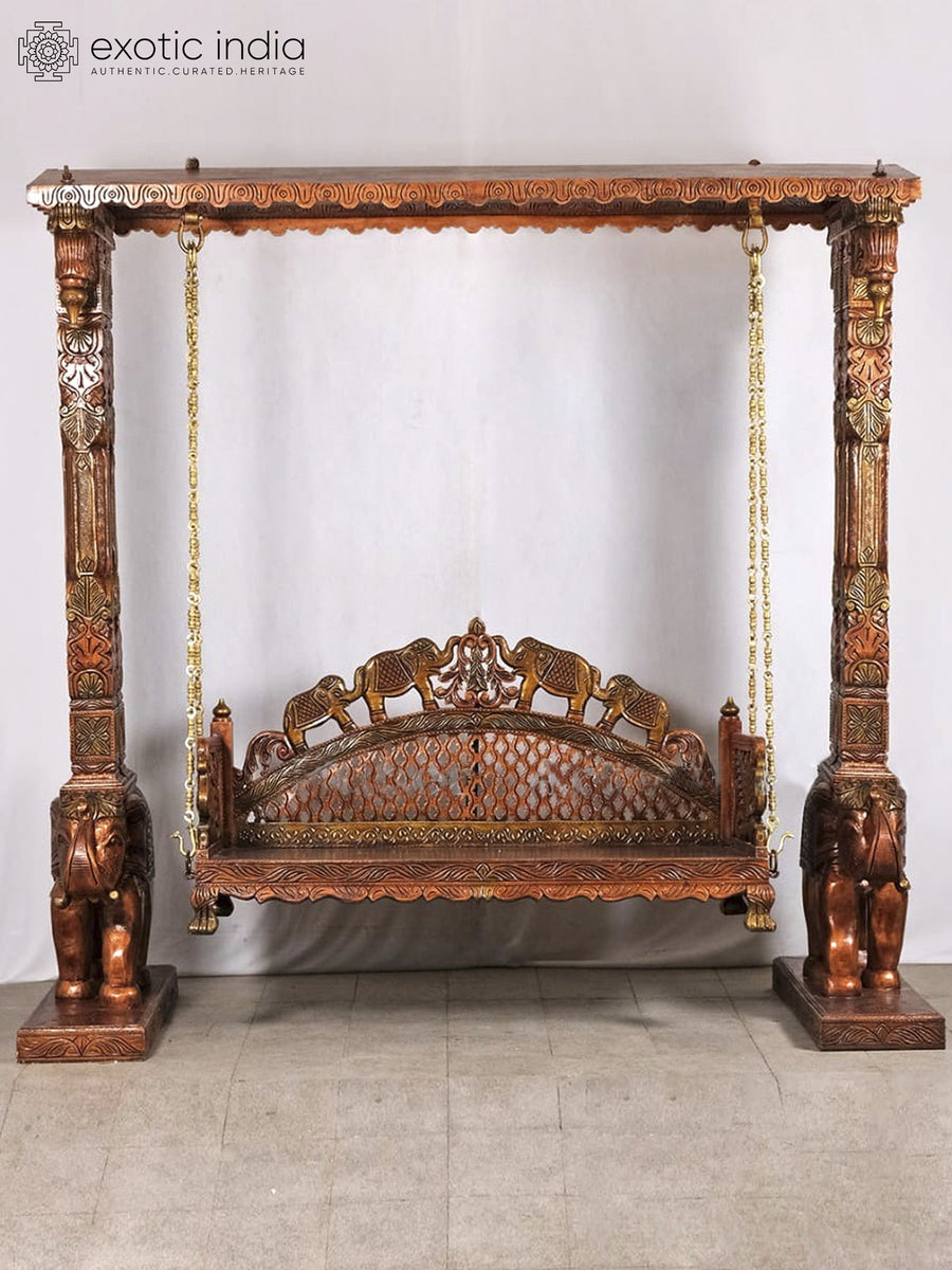 89" Large Elephants Wooden Swing with Brass Chains Home Decor