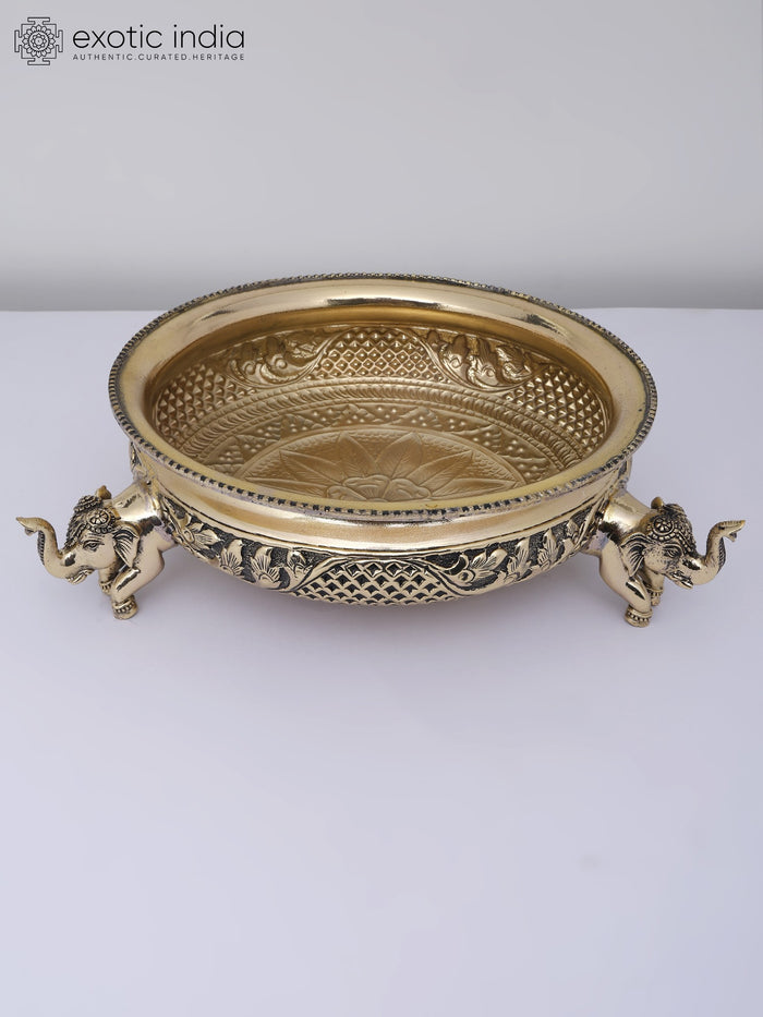 12" Brass Elephant Design Urli for Home Decor