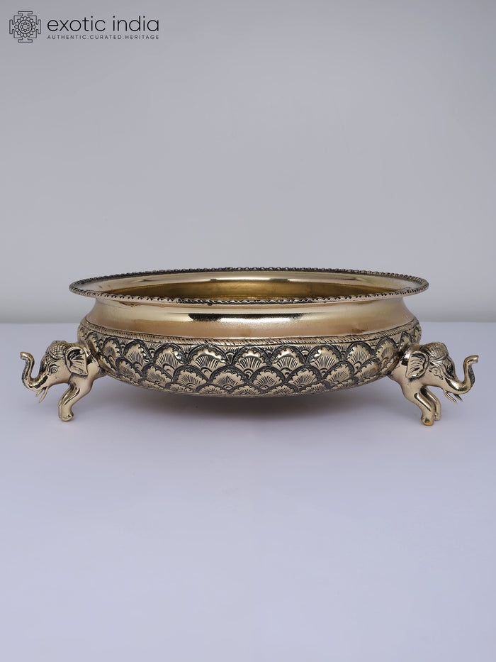 12" Brass Urli with Elephants - Handmade Designer Home Decor