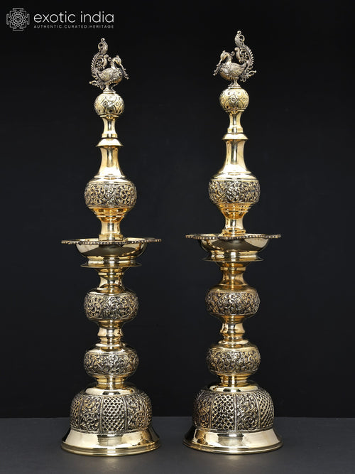 25" Brass Peacock Lamps Pair Handmade Home Decor
