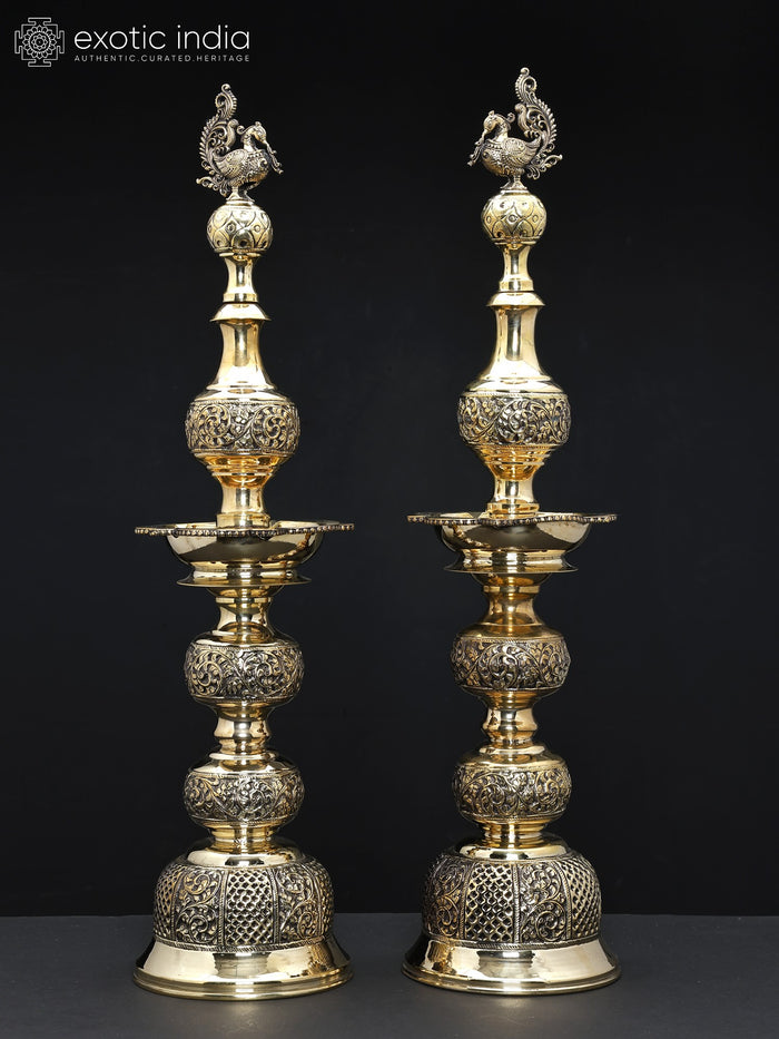 25" Brass Peacock Lamps Pair Handmade Home Decor