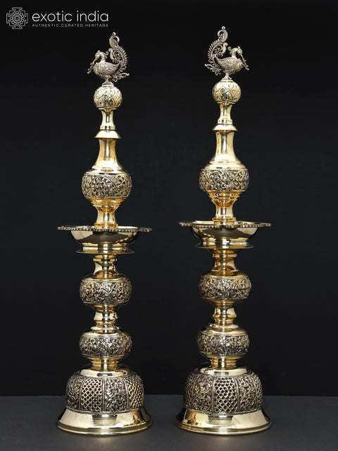 25" Pair of Superfine Peacock Lamps in Brass